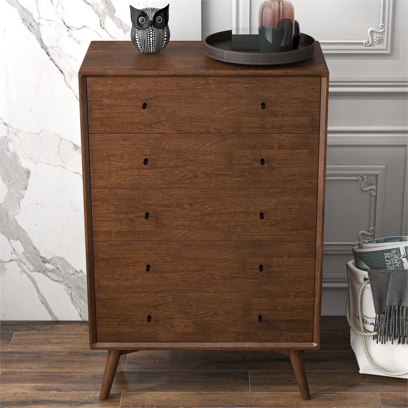 Pemberly Row Mid-Century Modern 5-Drawer Solid Wood Dresser in Brown