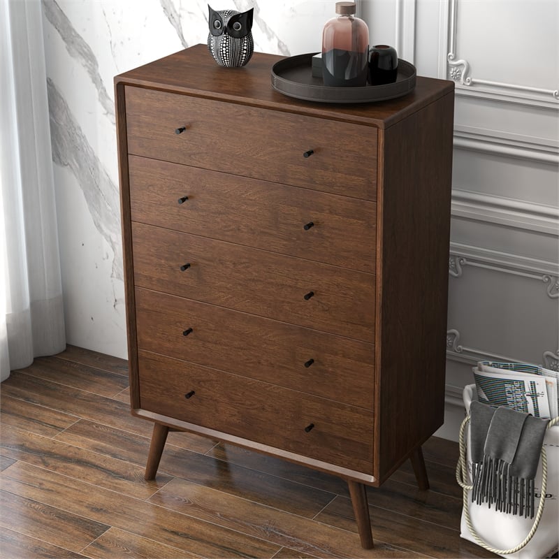 Pemberly Row Mid-Century Modern 5-Drawer Solid Wood Dresser in Brown