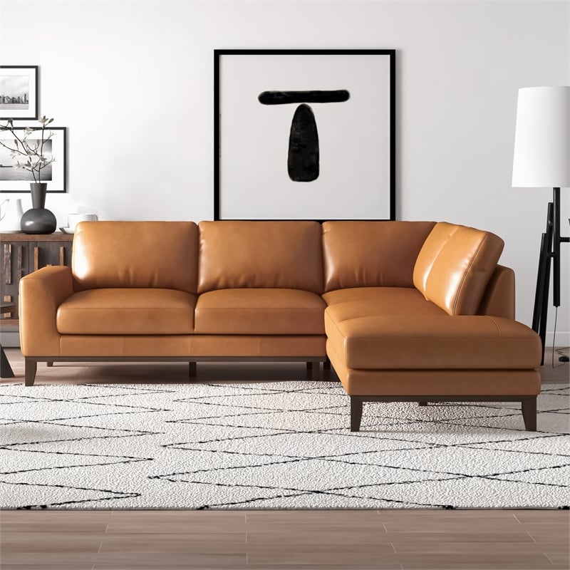 Pemberly Row L-Shaped Tight Back Right-Facing Leather Sectional in Tan
