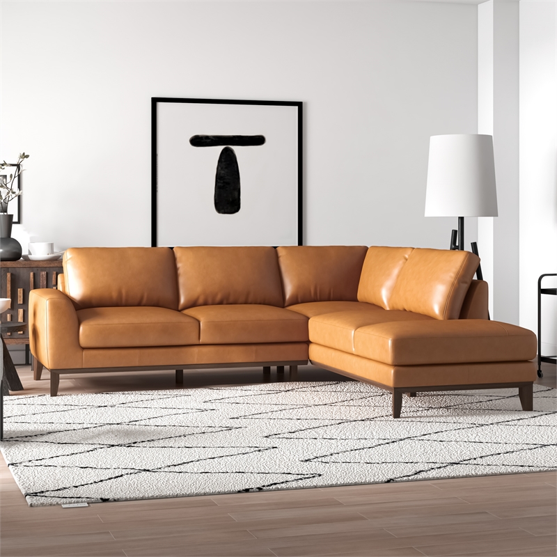 Pemberly Row L-Shaped Tight Back Right-Facing Leather Sectional in Tan