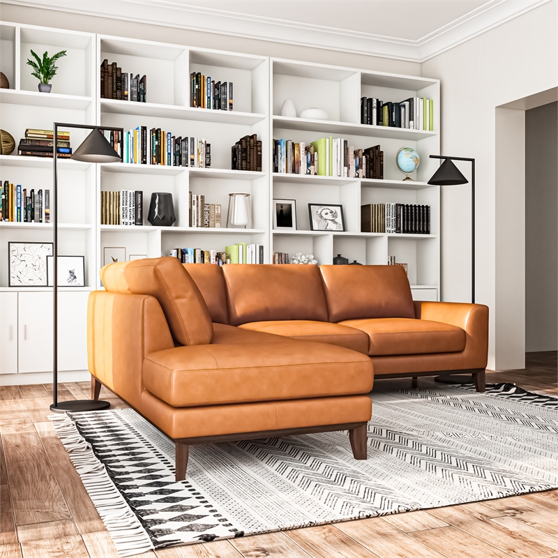 Pemberly Row L-Shaped Tight Back Leather Left-Facing Sectional in Tan