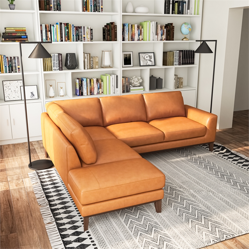 Pemberly Row L-Shaped Tight Back Leather Left-Facing Sectional in Tan
