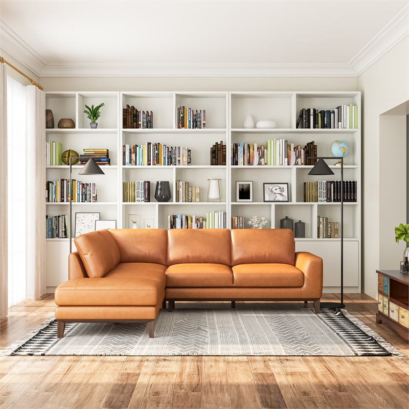 Pemberly Row L-Shaped Tight Back Leather Left-Facing Sectional in Tan