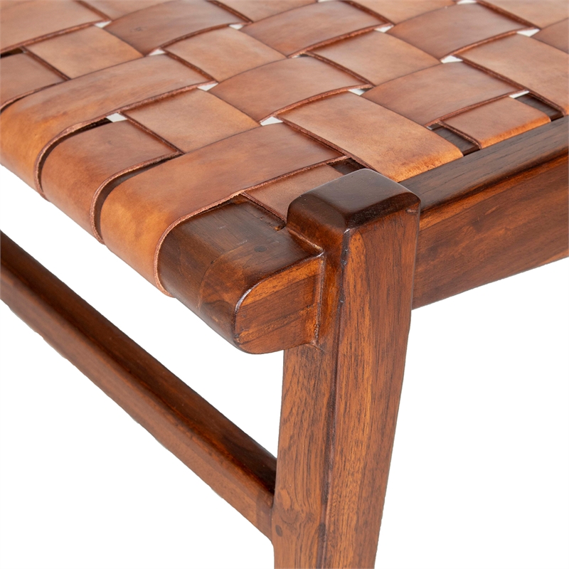 Pemberly Row Mid-Century Modern Genuine Leather Upholstered Bench in Cognac Tan