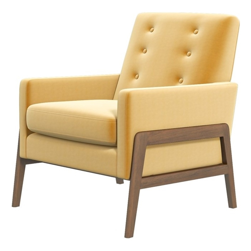 Pemberly Row Mid-Century Modern Tight Back Velvet Lounge Chair in Yellow