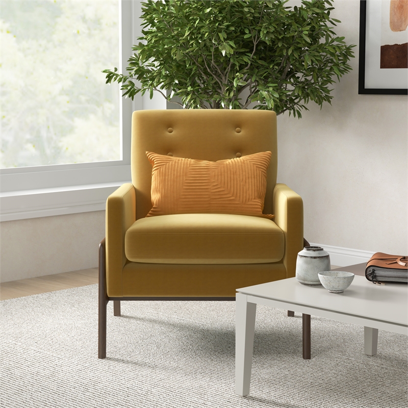 Pemberly Row Mid-Century Modern Tight Back Velvet Lounge Chair in Yellow