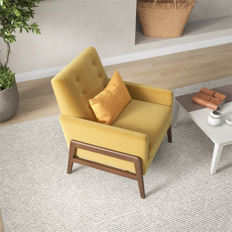 Pemberly Row Mid-Century Modern Tight Back Velvet Lounge Chair in Yellow
