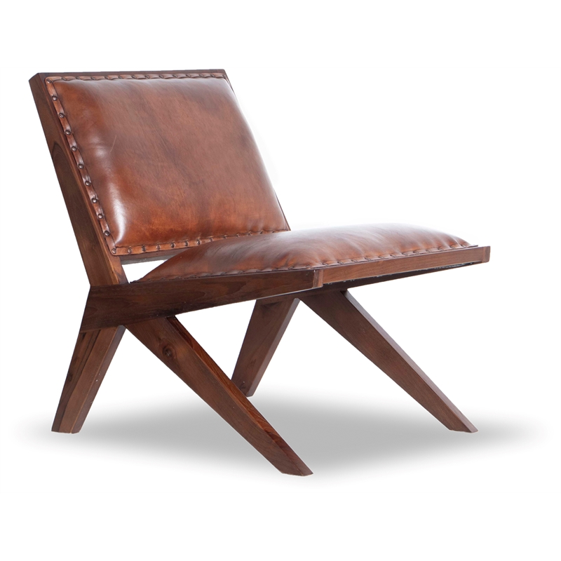 Pemberly Row Mid-Century Modern Tight Back Genuine Leather Lounge Chair in Tan