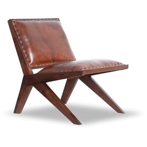 Pemberly Row Mid-Century Modern Tight Back Genuine Leather Lounge Chair in Tan