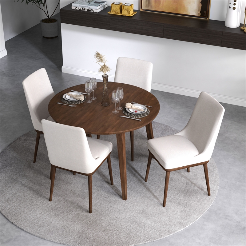 Pemberly Row 5-Piece Mid-Century Dining Set w/ 4 Fabric dining chairs in Beige