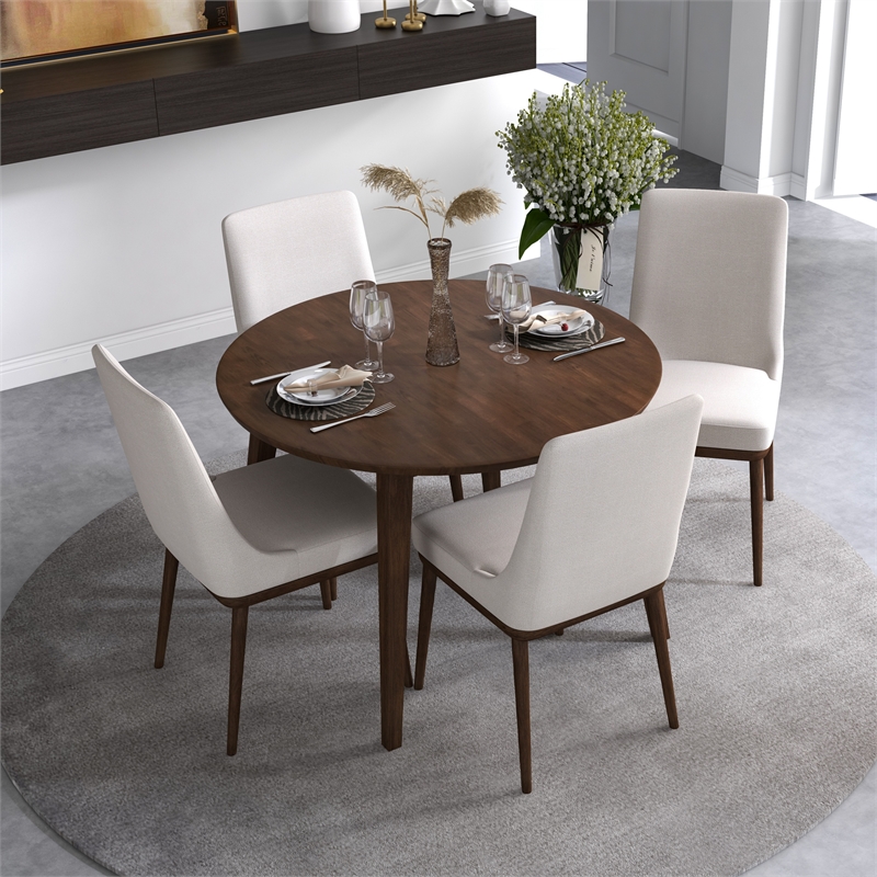Pemberly Row 5-Piece Mid-Century Dining Set w/ 4 Fabric dining chairs in Beige