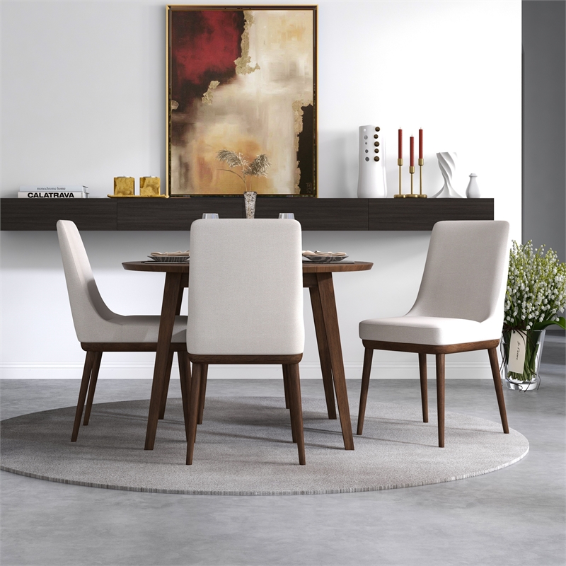 Pemberly Row 5-Piece Mid-Century Dining Set w/ 4 Fabric dining chairs in Beige