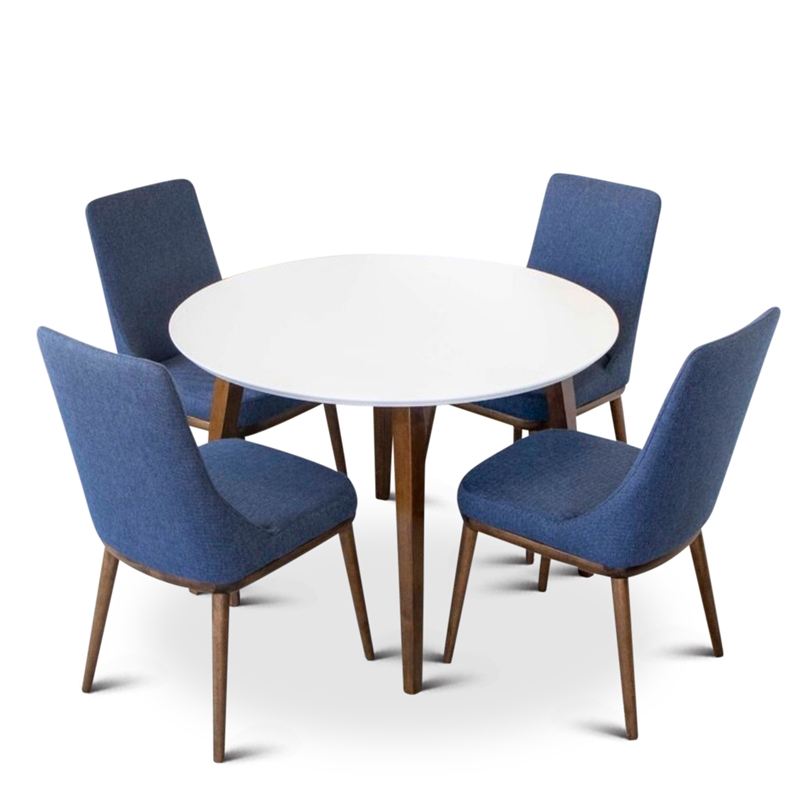 Pemberly Row Mid Century Modern White Dining Set w/4 Fabric Dining Chair in Blue
