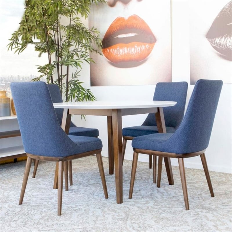 Pemberly Row Mid Century Modern White Dining Set w/4 Fabric Dining Chair in Blue