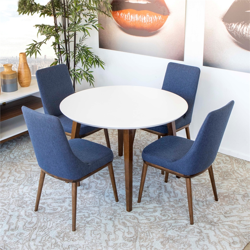 Pemberly Row Mid Century Modern White Dining Set w/4 Fabric Dining Chair in Blue
