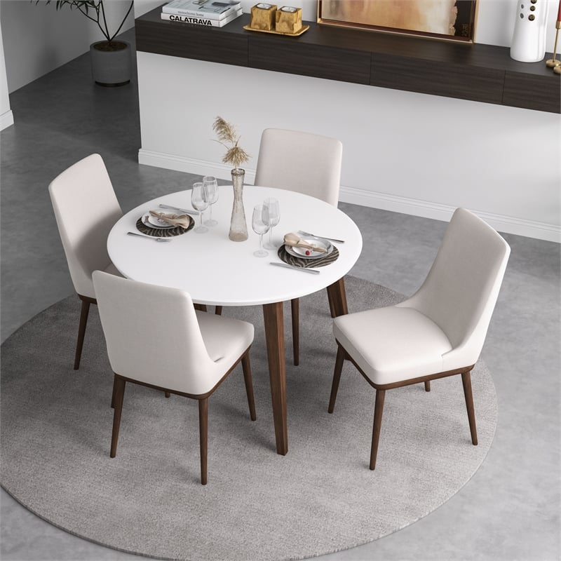 Pemberly Row 5-Piece Mid-Century Dining Set with 4 Fabric Dining Chairs in Beige