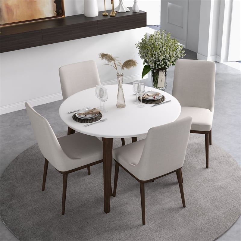 Pemberly Row 5-Piece Mid-Century Dining Set with 4 Fabric Dining Chairs in Beige
