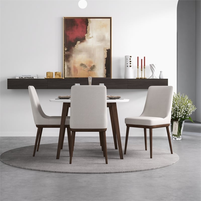 Pemberly Row 5-Piece Mid-Century Dining Set with 4 Fabric Dining Chairs in Beige