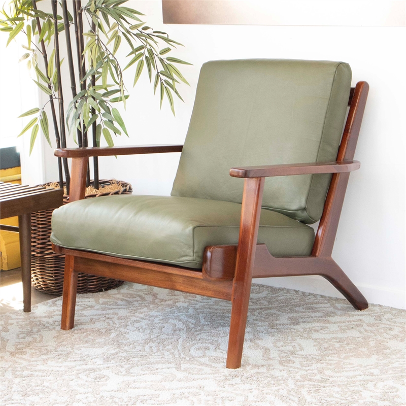 Pemberly Row Mid Century Modern Kalley Green Leather Accent Chair PR