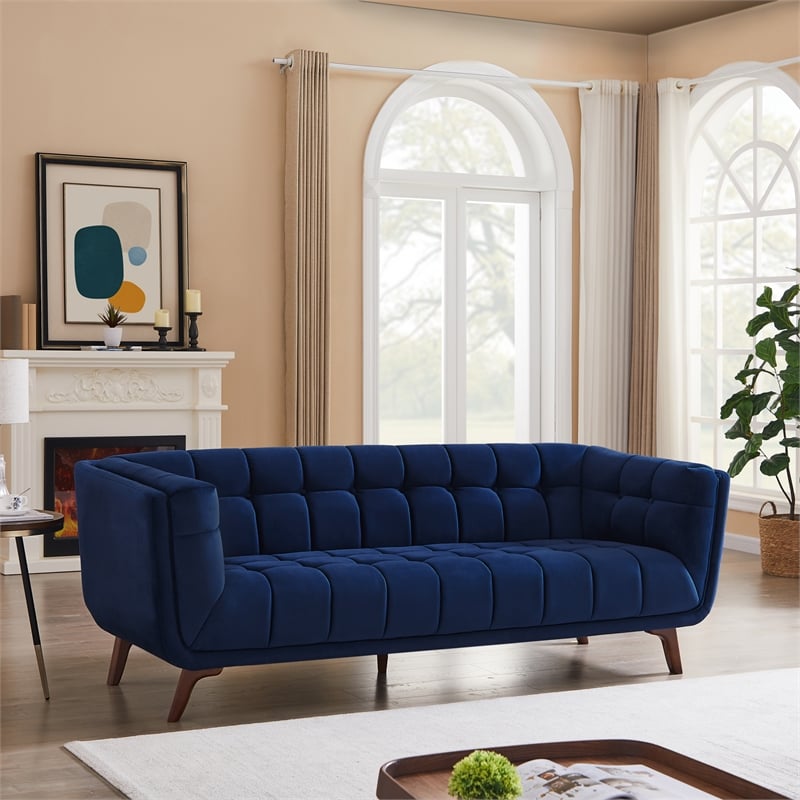 Pemberly Row Transitional Velvet Tufted Back Sofa in Blue/Walnut