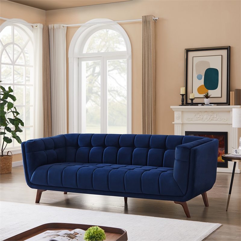 Pemberly Row Transitional Velvet Tufted Back Sofa in Blue/Walnut