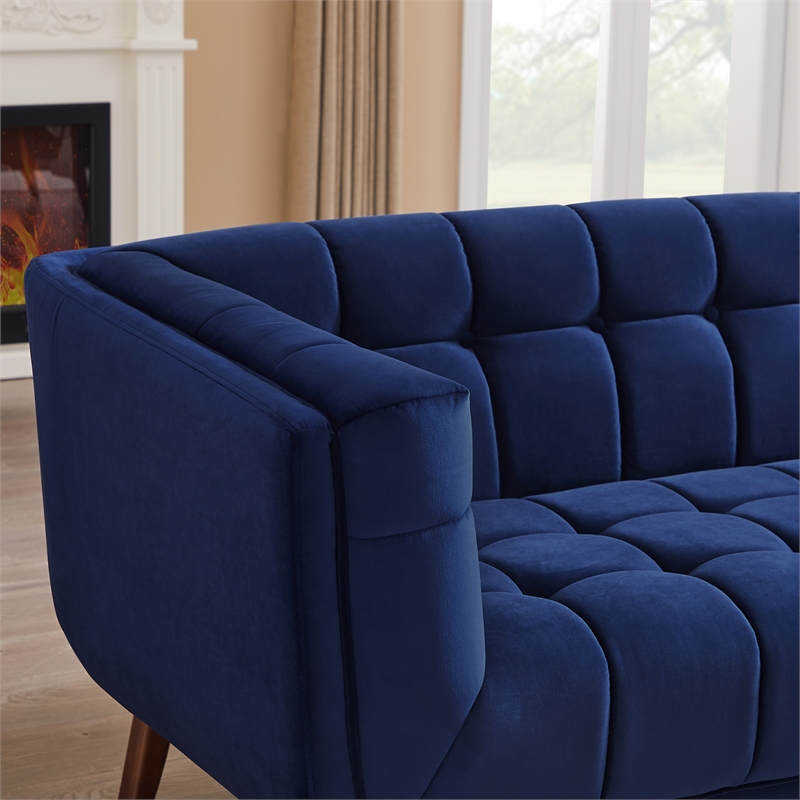 Pemberly Row Transitional Velvet Tufted Back Sofa in Blue/Walnut