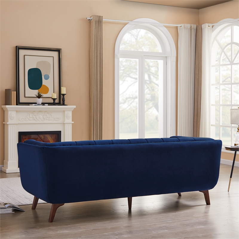 Pemberly Row Transitional Velvet Tufted Back Sofa in Blue/Walnut