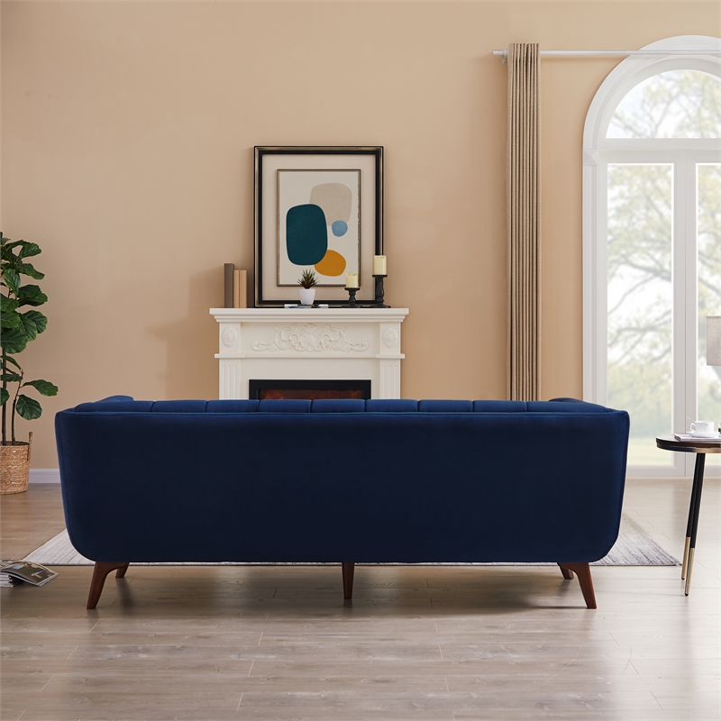 Pemberly Row Transitional Velvet Tufted Back Sofa in Blue/Walnut