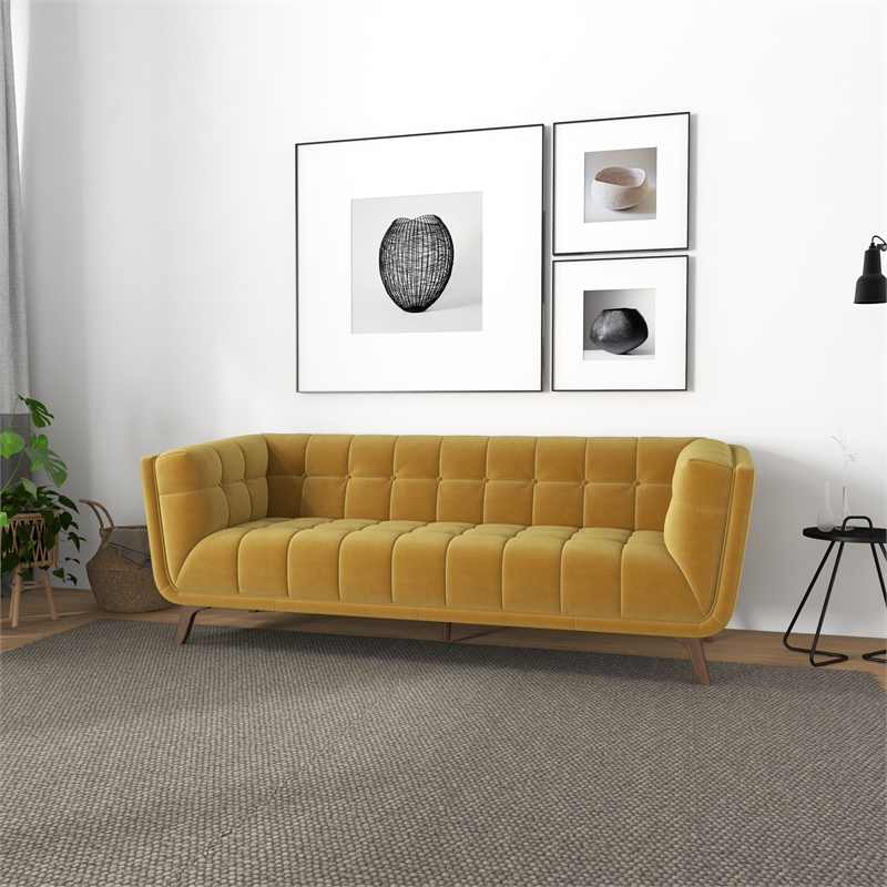 Pemberly Row Mid Century Modern Tufted Back Velvet Sofa in gold
