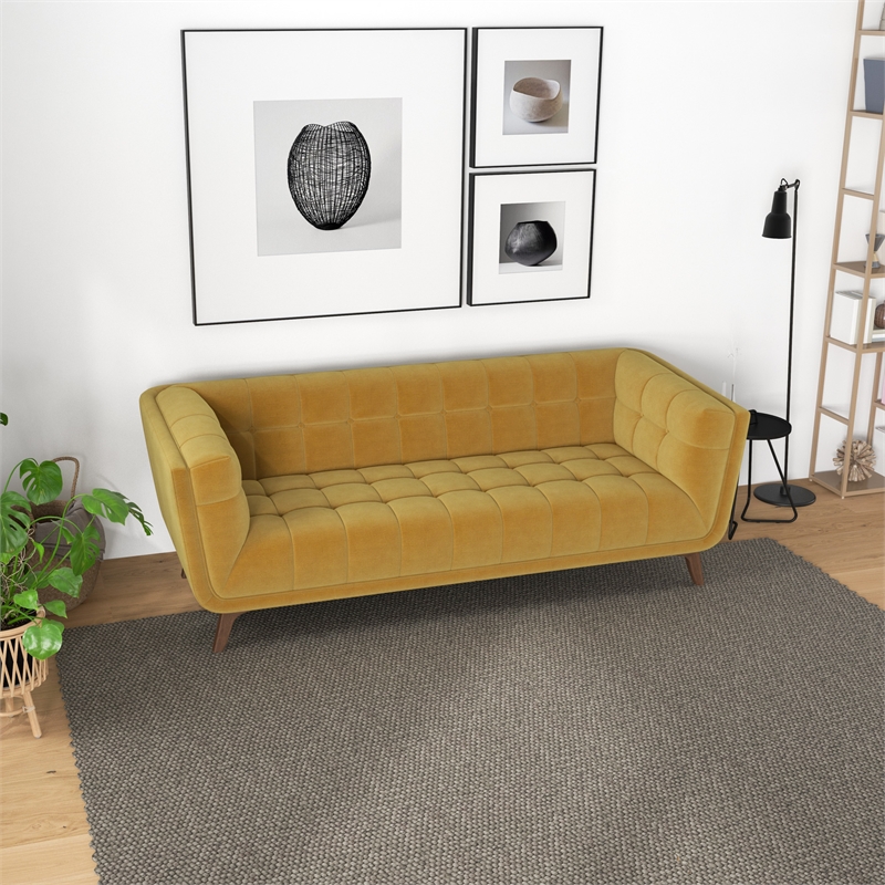 Pemberly Row Mid Century Modern Tufted Back Velvet Sofa in gold