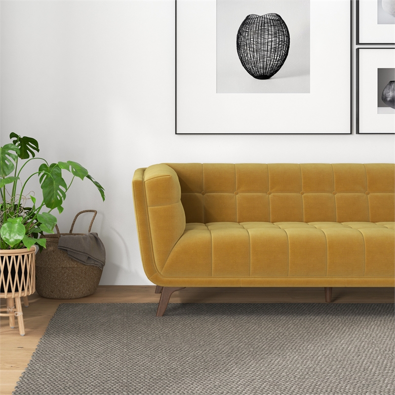 Pemberly Row Mid Century Modern Tufted Back Velvet Sofa in gold