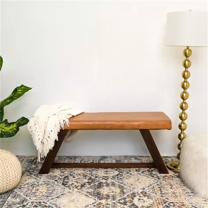 Pemberly Row Teak Wood and Genuine Leather Upholstery Bench in Cognac Tan/Walnut