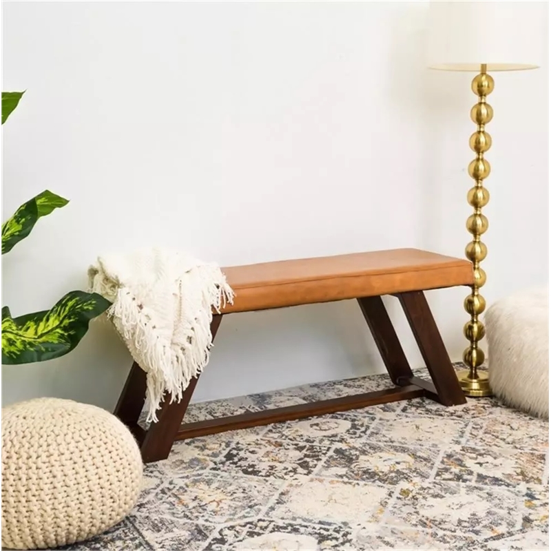 Pemberly Row Teak Wood and Genuine Leather Upholstery Bench in Cognac Tan/Walnut