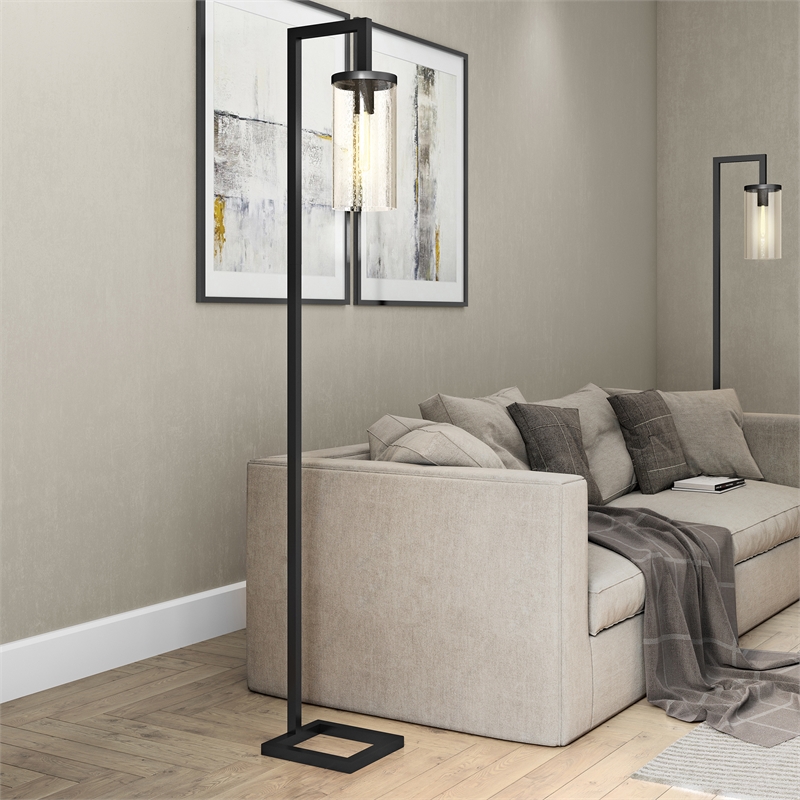 Pemberly Row Industrial Black/Bronze Floor Lamp and Cylinder Seed Glass Shade