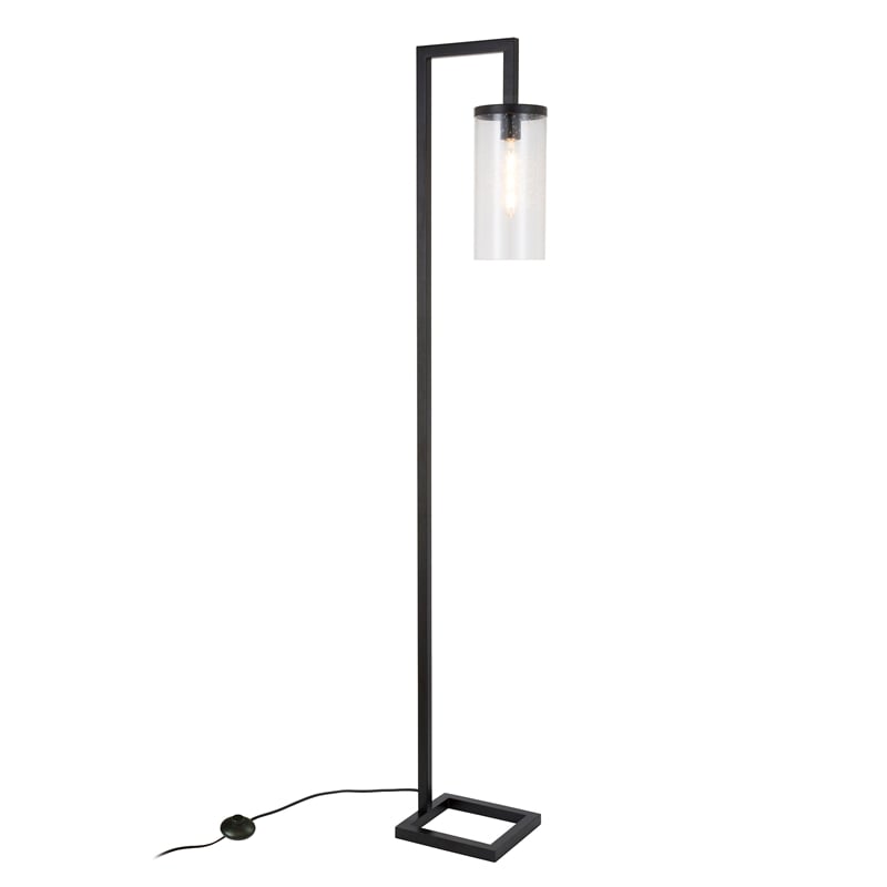 Pemberly Row Industrial Black/Bronze Floor Lamp and Cylinder Seed Glass Shade