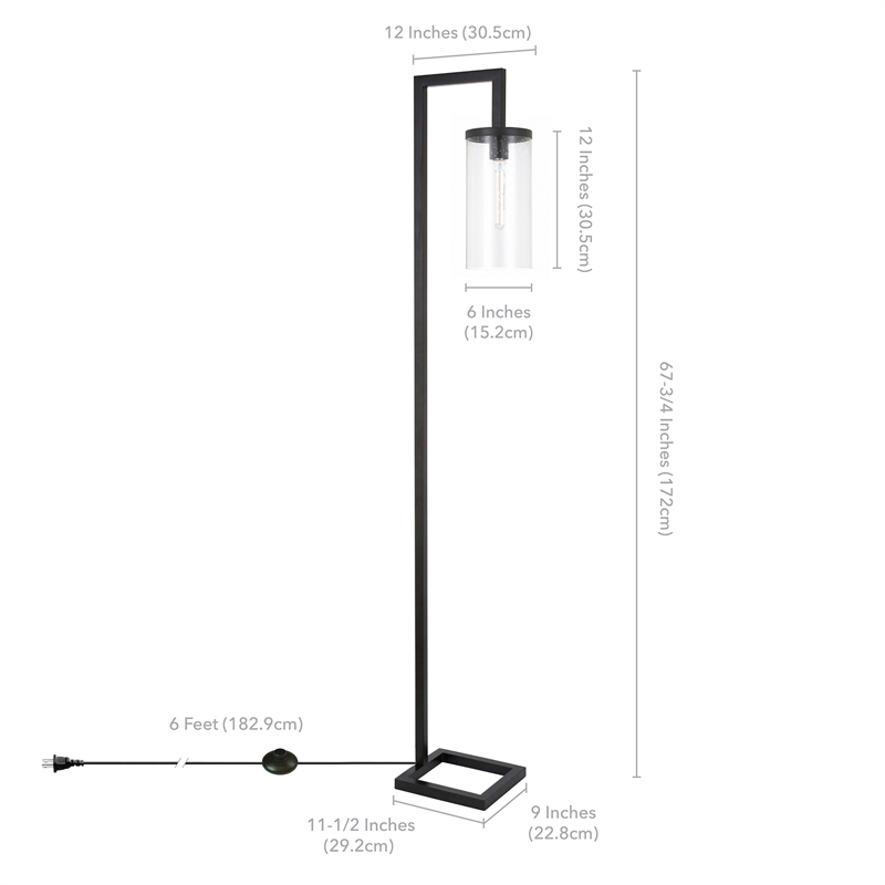 Pemberly Row Industrial Black/Bronze Floor Lamp and Cylinder Seed Glass Shade