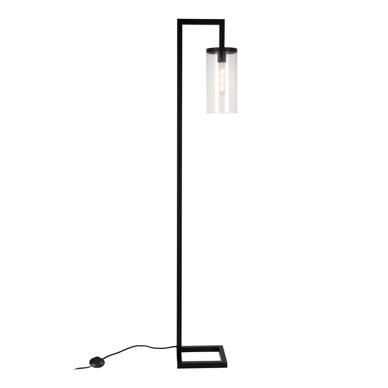 Pemberly Row Industrial Black/Bronze Floor Lamp and Cylinder Seed Glass Shade