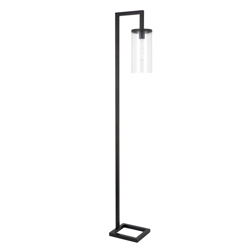 Pemberly Row Industrial Black/Bronze Floor Lamp and Cylinder Seed Glass Shade