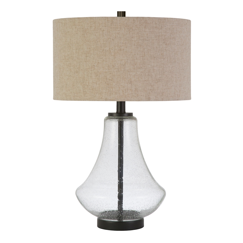 Pemberly Row Modern Farmhouse Brushed Brass Table Lamp with Seeded Glass Shade