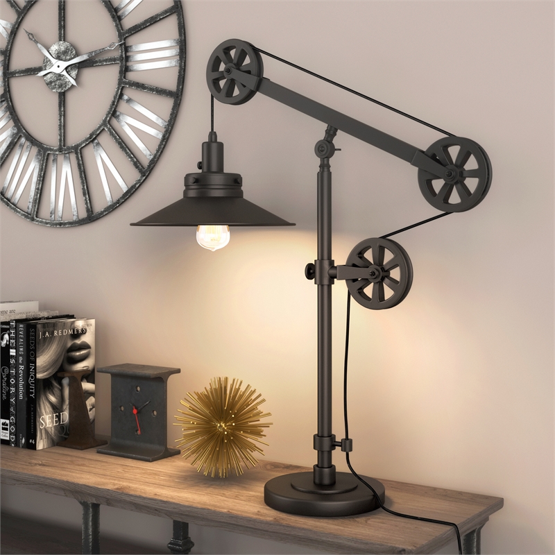 Pemberly Row Black and Bronze Metal Wide Brim Pulley Table Lamp