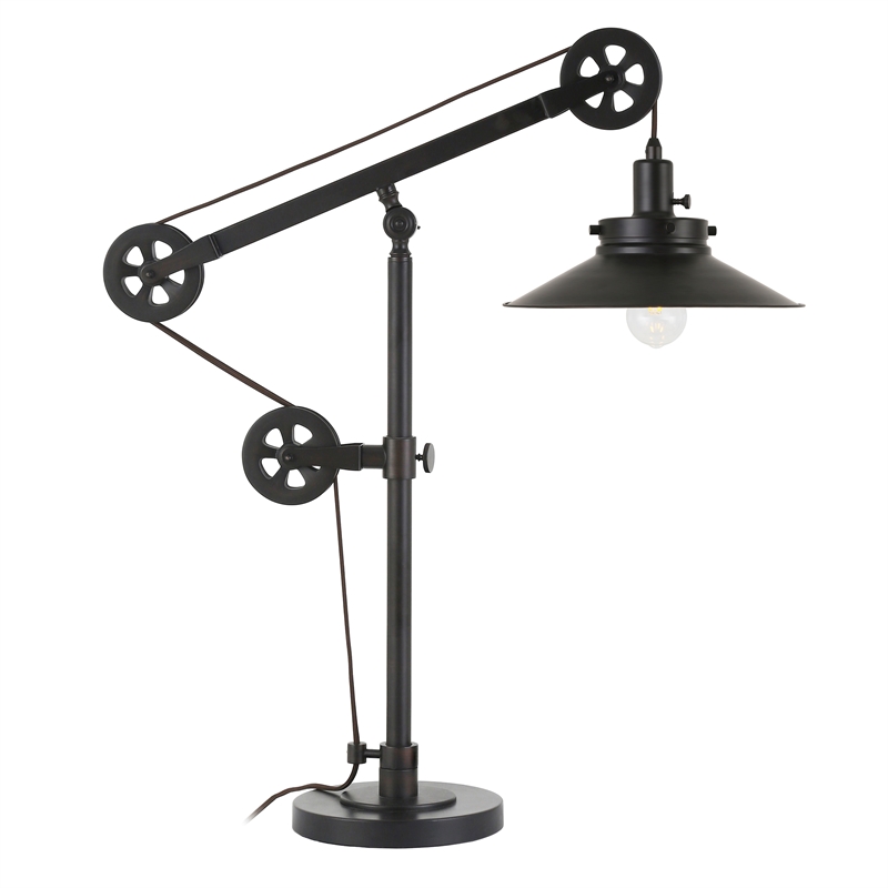 Pemberly Row Black and Bronze Metal Wide Brim Pulley Table Lamp