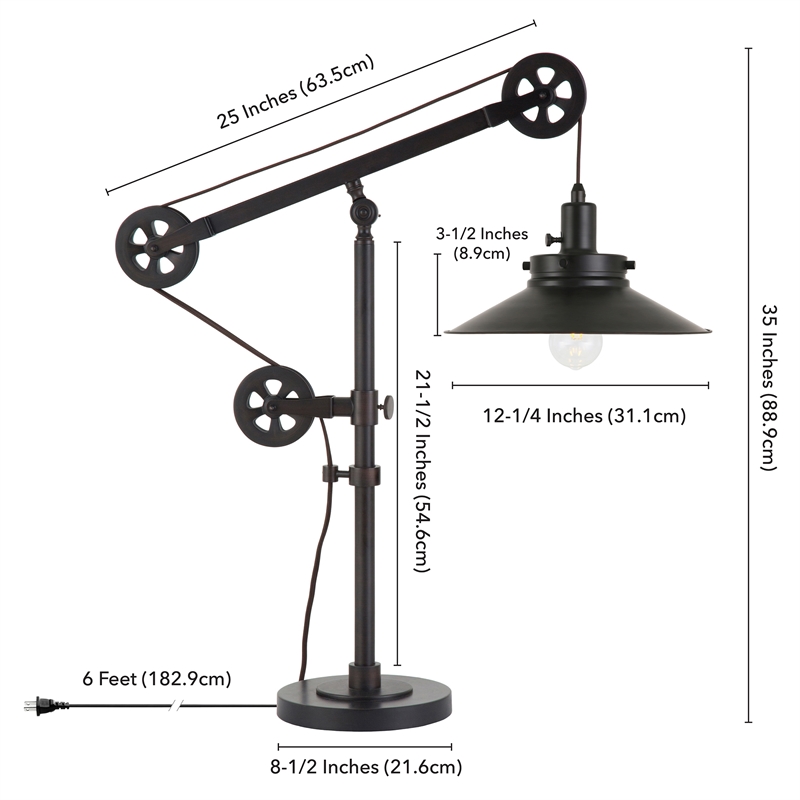 Pemberly Row Black and Bronze Metal Wide Brim Pulley Table Lamp