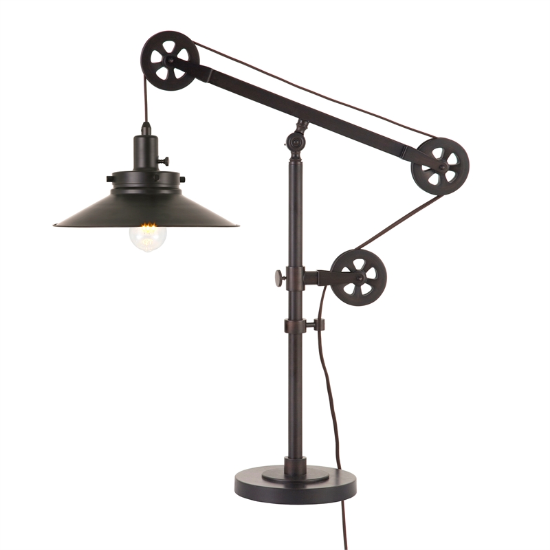 Pemberly Row Black and Bronze Metal Wide Brim Pulley Table Lamp