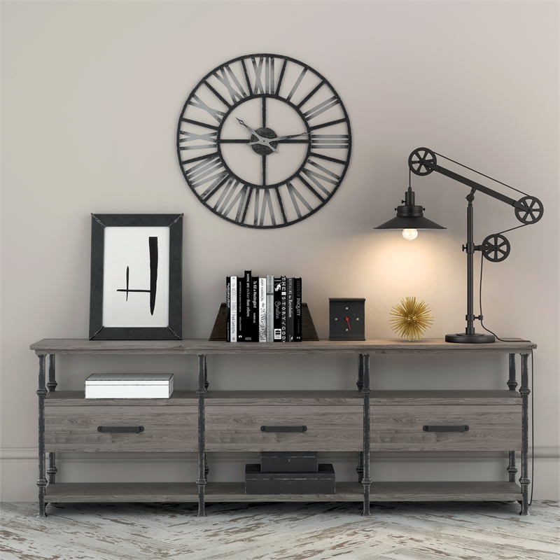 Pemberly Row Black and Bronze Metal Wide Brim Pulley Table Lamp
