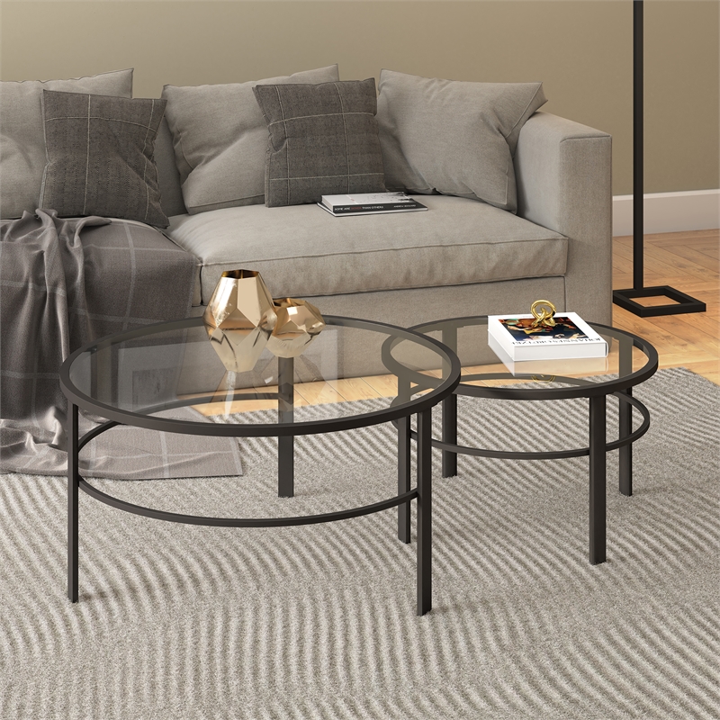 Pemberly Row 2 Piece Nested Metal & Glass Coffee Table in Black and Bronze