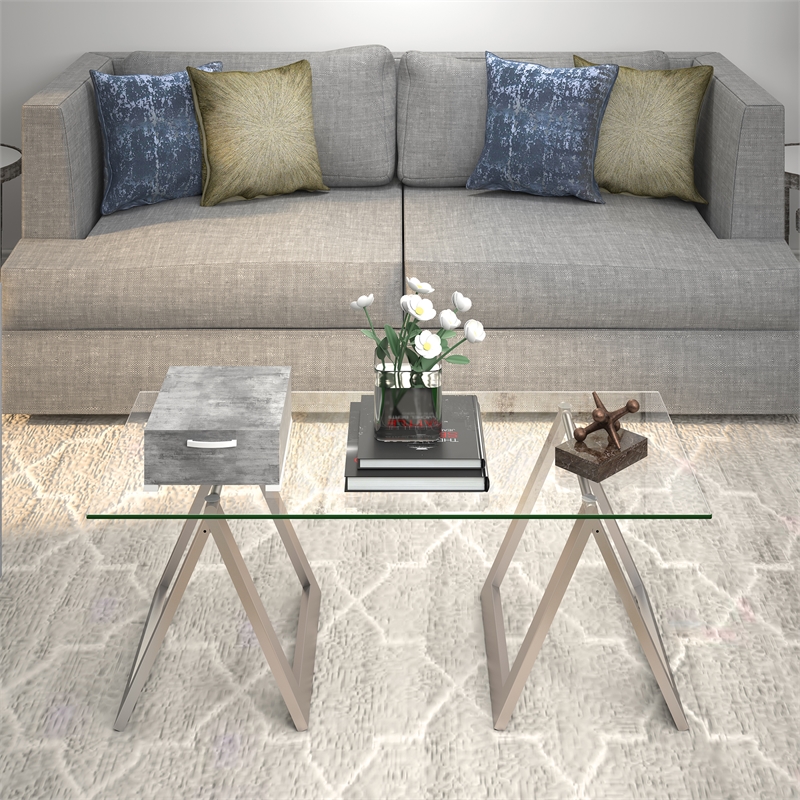 Pemberly Row Metal Nickel and Gray Sawhorse Legged Coffee Table