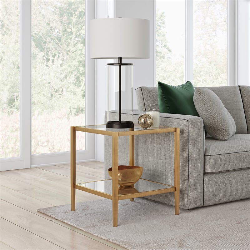 Pemberly Row Modern Metal Glam Side Table with Mirrored Shelf in Brass