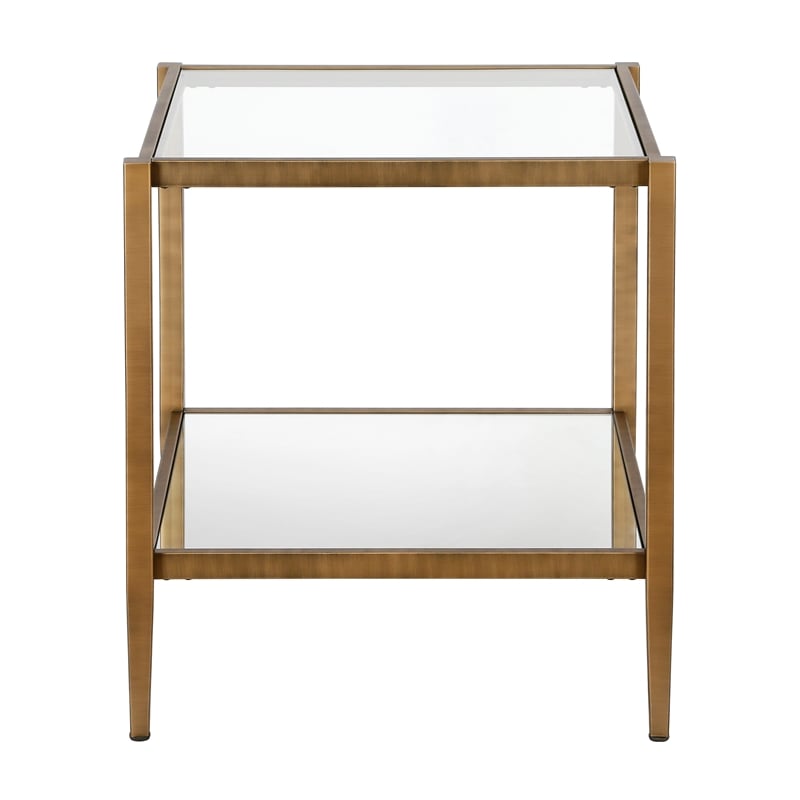 Pemberly Row Modern Metal Glam Side Table with Mirrored Shelf in Brass
