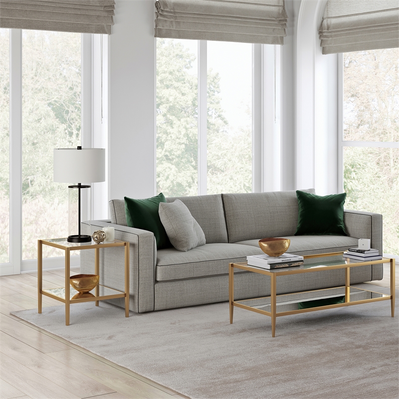 Pemberly Row Modern Metal Glam Side Table with Mirrored Shelf in Brass