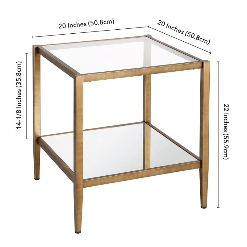 Pemberly Row Modern Metal Glam Side Table with Mirrored Shelf in Brass